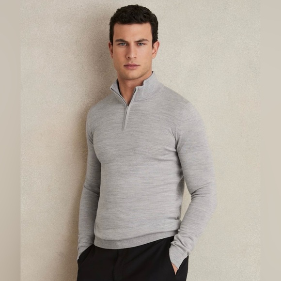 ReissBlackhall Merino Wool Half-Zip Jumper Sweater Soft Grey MoulineSz S